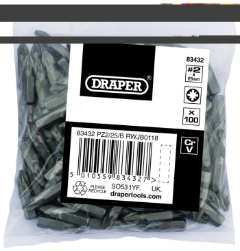 Draper PZ2/25/B PZ TYPE Insert Bits, 1/4 inch , No.2 (Bag of 100) - Code: 83432 - Pack Qty 1