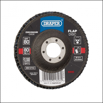 Draper FDZ115 Zirconium Oxide Flap Disc, 115 x 22.23mm, 80 Grit - Code: 84042 - Pack Qty 1