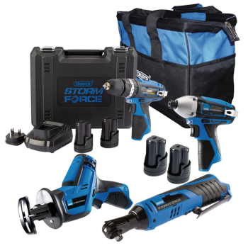 Draper PTK12V4+4 12V Drill, Drive and Cut Interchange Kit, 4 x 1.5Ah Li-ion Batteries, 1 x Fast Charger and 1 x Tool Bag - Code: 91032 - Pack Qty 1
