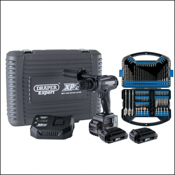 Draper PTKXP20CD1352 XP20 Brushless Combi Drill 135Nm + 3x 2Ah Batteries and Fast Charger + Drill Bit Accessory Kit (101 Piece) - Code: 93076 - Pack Qty 1