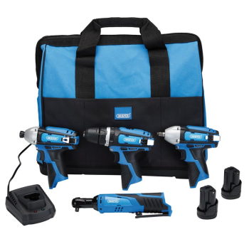 Draper PTKDP4 12V 12V Drill Drive and Ratchet Interchange Kit II, 2 x 1.5Ah Li-ion Batteries, 1 x Fast Charger and 1 x Tool Bag - Code: 93446 - Pack Qty 1