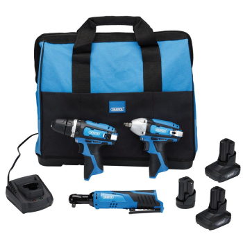 Draper PTKSTO 12V 12V Drill Drive and Ratchet Interchange Kit, 2 x 4.0Ah Li-ion Battery, 1 x 1.5Ah Li-ion Battery, 1 x Fast Charger, 1 x Tool Bag - Code: 93521 - Pack Qty 1