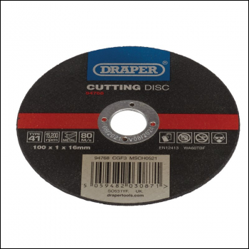 Draper CGF3 Metal Cutting Disc, 100 x 1 x 16mm - Code: 94768 - Pack Qty 1