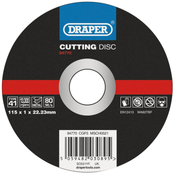 Draper CGF5 Metal Cutting Disc, 115 x 1 x 22.23mm - Code: 94770 - Pack Qty 1