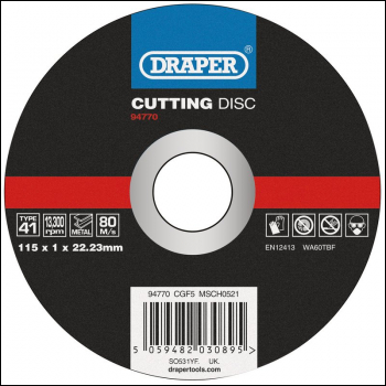 Draper CGF5 Metal Cutting Disc, 115 x 1 x 22.23mm - Code: 94770 - Pack Qty 1