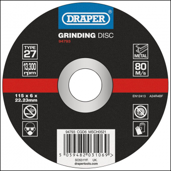 Draper CGD6 DPC Metal Grinding Disc, 115 x 6 x 22.23mm - Code: 94793 - Pack Qty 1