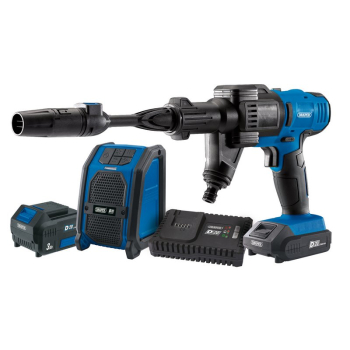 Draper PTKD20PTK/PWS D20 20V Pressure Washer, D20 20V Wireless Speaker, 1 x 2.0Ah, 1 x 3.0Ah, 1 x Fast Charger - Code: 94796 - Pack Qty 1