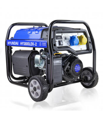 Hyundai HY3800LEK-2 Elec Start Site Petrol Generator 3.2kW inc Wheel Kit - 115/230v Long Run Tank