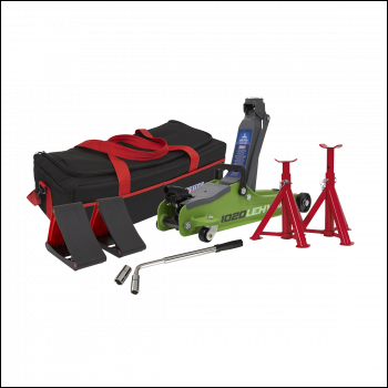 Sealey 1020LEHVBAGCOMBO Low Entry Short Chassis Trolley Jack & Accessories Bag Combo, 2 Tonne - Green