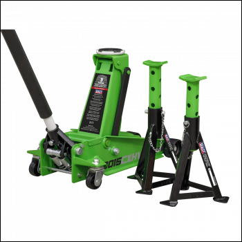 Sealey 3015CXHV Trolley Jack with Super Rocket Lift 3 Tonne & Axle Stands (Pair) 3 Tonne Capacity per Stand - Green