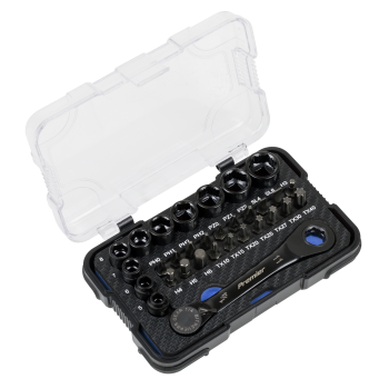 Sealey AK2112 Premier Black Go-Through Lock-On™ Low Profile Socket & Bit Set 1/4 inch Sq Drive 31pc