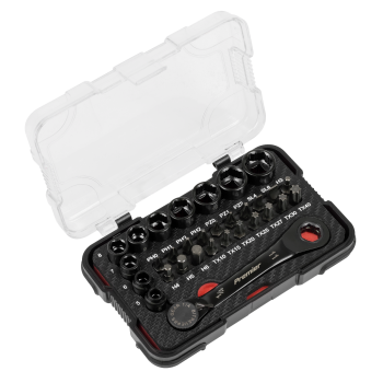 Sealey AK2112 Premier Black Go-Through Lock-On™ Low Profile Socket & Bit Set 1/4 inch Sq Drive 31pc