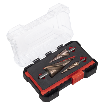 Sealey AK4743 Spiral Flute HSS Cobalt Step Drill Bit Set 3pc