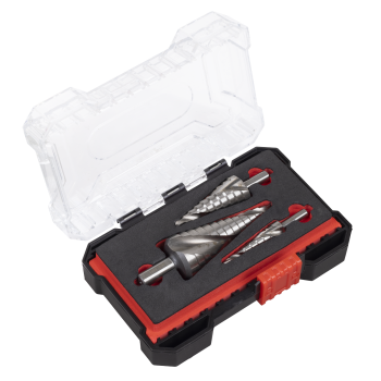 Sealey AK4749 Spiral Flute HSS 4341 Step Drill Bit Set 3pc