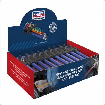 Sealey AK7190DB Premier Long Colour-Coded Ball-End Hex Key Set 9pc - Display Box of 10