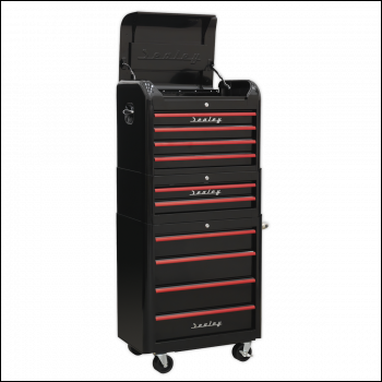 Sealey AP28COMBO2BR Premier™ Retro Style Topchest, Mid-Box Tool Chest & Rollcab Combination 10 Drawer - Black with Red Anodised Drawer Pulls