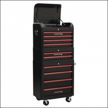 Sealey AP28COMBO2BR Retro Style Topchest, Mid-Box Tool Chest & Rollcab Combination 10 Drawer - Black with Red Anodised Drawer Pulls