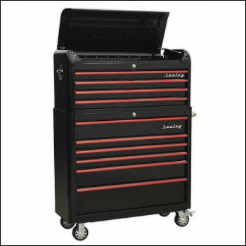 Sealey AP41COMBOBR Premier™ Retro Style Wide Topchest & Rollcab Combination 10 Drawer - Black with Red Anodised Drawer Pulls
