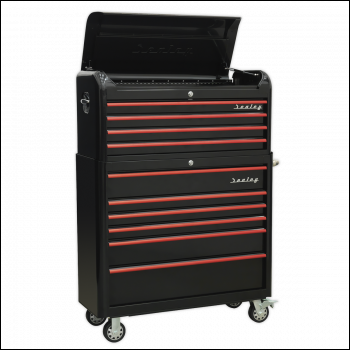 Sealey AP41COMBOBR Retro Style Wide Topchest & Rollcab Combination 10 Drawer-Black with Red Anodised Drawer Pulls