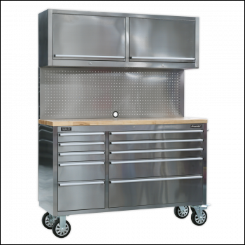 Sealey AP5520SS Premier™ Mobile Stainless Steel Tool Cabinet 10 Drawer with Backboard & 2 Wall Cupboards