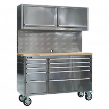 Sealey AP5520SS Mobile Stainless Steel Tool Cabinet 10 Drawer with Backboard & 2 Wall Cupboards