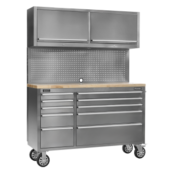 Sealey AP5520SS Premier™ Mobile Stainless Steel Tool Cabinet 10 Drawer with Backboard & 2 Wall Cupboards