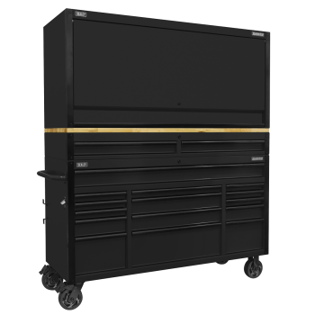 Sealey AP6215BECOMBO1 Superline PRO® Black Edition Mobile Trolley with Wooden Worktop 15 Drawer, Hutch & 2 Drawer Riser 1549mm