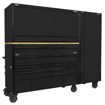 Sealey AP6215BECOMBO2 Superline PRO® Black Edition Mobile Trolley with Wooden Worktop 15 Drawer, Hutch, 2 Drawer Riser & Side Locker 1549mm