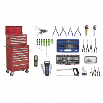 Sealey APCOMBOBBTK57 Topchest & Rollcab Combination 15 Drawer with Ball-Bearing Slides - Red & 148pc Tool Kit