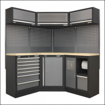 Sealey APMSSTACK08W Superline PRO® Corner Storage System with Wood Worktop 1.55m