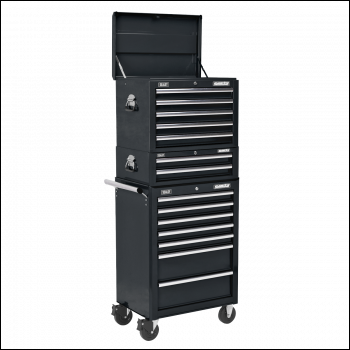 Sealey APSTACKTB Topchest, Mid-Box Tool Chest & Rollcab Combination 14 Drawer with Ball-Bearing Slides - Black