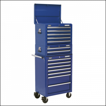 Sealey APSTACKTC Topchest, Mid-Box Tool Chest & Rollcab Combination 14 Drawer with Ball-Bearing Slides - Blue