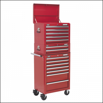 Sealey APSTACKTR Topchest, Mid-Box Tool Chest & Rollcab Combination 14 Drawer with Ball-Bearing Slides - Red