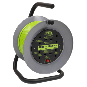 Sealey BCR153TG 15m Cable Reel with Thermal Trip 4 x 230V - Hi-Vis Green