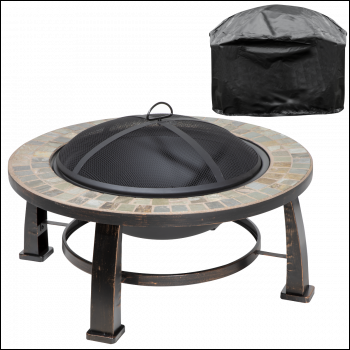 Sealey DG240 Dellonda 30 inch  Deluxe Traditional Style Fire Pit, Fireplace, Outdoor Heater with Fire Poker , Safety Mesh Screen & Drawstring Cover - Slate Top