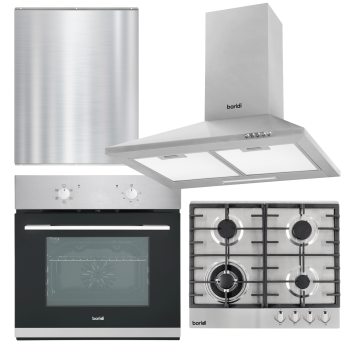 Sealey DH390 Kitchen Appliance Bundle – Integrated Fan-Assisted Oven, Stainless Steel Gas Hob, Chimney Cooker Hood & Stainless Steel Splashback – 60cm