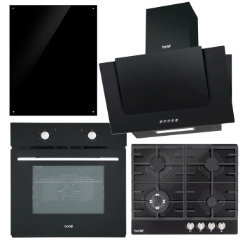Sealey DH391 Kitchen Appliance Bundle – Integrated Fan-Assisted Oven, Black Glass Gas Hob, Angled Chimney Cooker Hood & Black Glass Splashback – 60cm