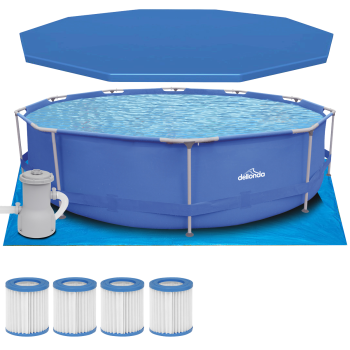 Sealey DL138 Dellonda Steel Frame Round Swimming Pool & Filter Pump with Cover, Ground Sheet, Test Strips & Filters 12ft - Blue