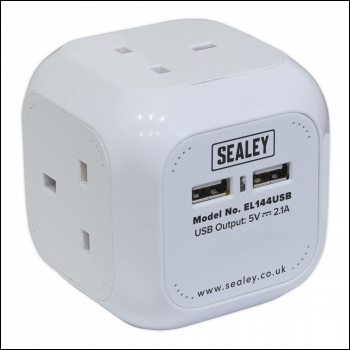 Sealey EL144USB Extension Cable Cube 1.4m 4 x 230V & 2 x USB Sockets - White