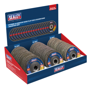 Sealey FD115EMIXDB Assorted Grit Flap Discs Aluminium Oxide 115mm 22mm Bore - Display Box of 60