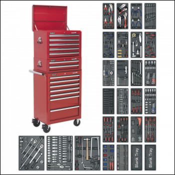 Sealey SPTCOMBO1 Tool Chest Combination 14 Drawer with Ball-Bearing Slides - Red & 1179pc Tool Kit