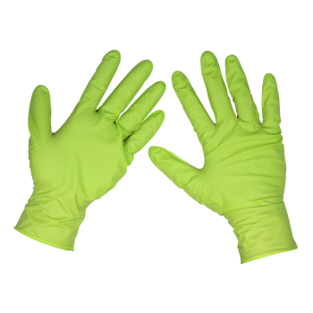 Sealey SSP54L Diamond Grip Extra-Thick Nitrile Powder-Free Gloves, Hi-Vis Green, Large - Pack of 50