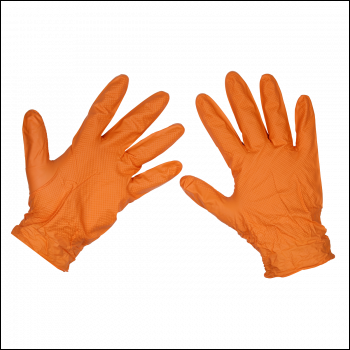 Sealey SSP56L Diamond Grip Extra-Thick Nitrile Powder-Free Gloves, Orange, Large - Pack of 50