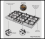 Sealey DH382 Baridi 90cm Gas Hob Stainless Steel with 5 Burners, Cast Iron Supports & Auto Ignition 11kW