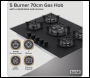 Sealey DH384 Baridi 70cm Gas Hob Matt Black with 5 Burners, Cast Iron Supports & Auto Ignition 10.4kW