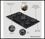 Sealey DH385 Baridi 90cm Gas Hob Matt Black 5 Burners Cast Iron Supports & Auto Ignition 10.4kW