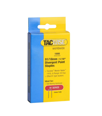 Tacwise Type 91/18mm Divergent Point Galvanised Narrow Crown Staples, Box of 1000 to suit Tacwise 191EL, Duo 35 - Code 0287