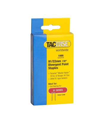 Tacwise Type 91/22mm Divergent Point Galvanised Narrow Crown Staples, Box of 1000 to suit Tacwise 191EL, Duo 35, Duo 50 - Code 0288