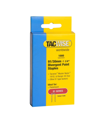 Tacwise Type 91/30mm Divergent Point Galvanised Narrow Crown Staples, Box of 1000 to suit Tacwise 191EL, Duo 35, Duo 50 - Code 0289