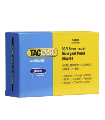 Tacwise Type 90/18mm Divergent Point Narrow Crown Staples, Box of 5000 to suit Tacwise 1326, C9032V, D9040V, C9030VHH, C9040LHH, DNS50PHH - Code 0312
